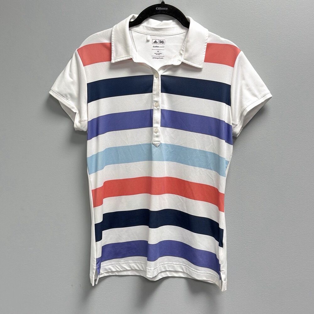 Adidas Polo Shirt Women Medium Climacool Striped Athletic Short Sleeve Golf Top